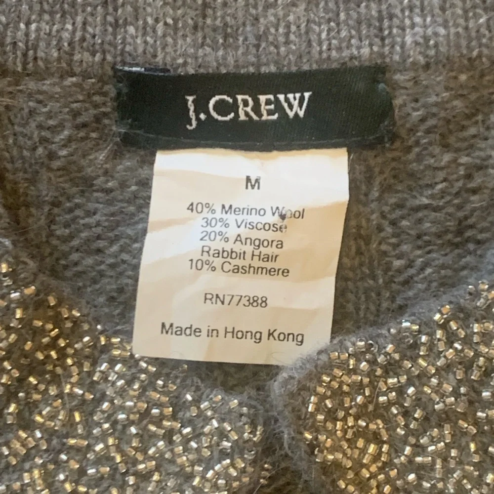 J.Crew Cardigan Medium Gray Beaded Cashmere Wool Angora Blend 3/4 Sleeves Cable